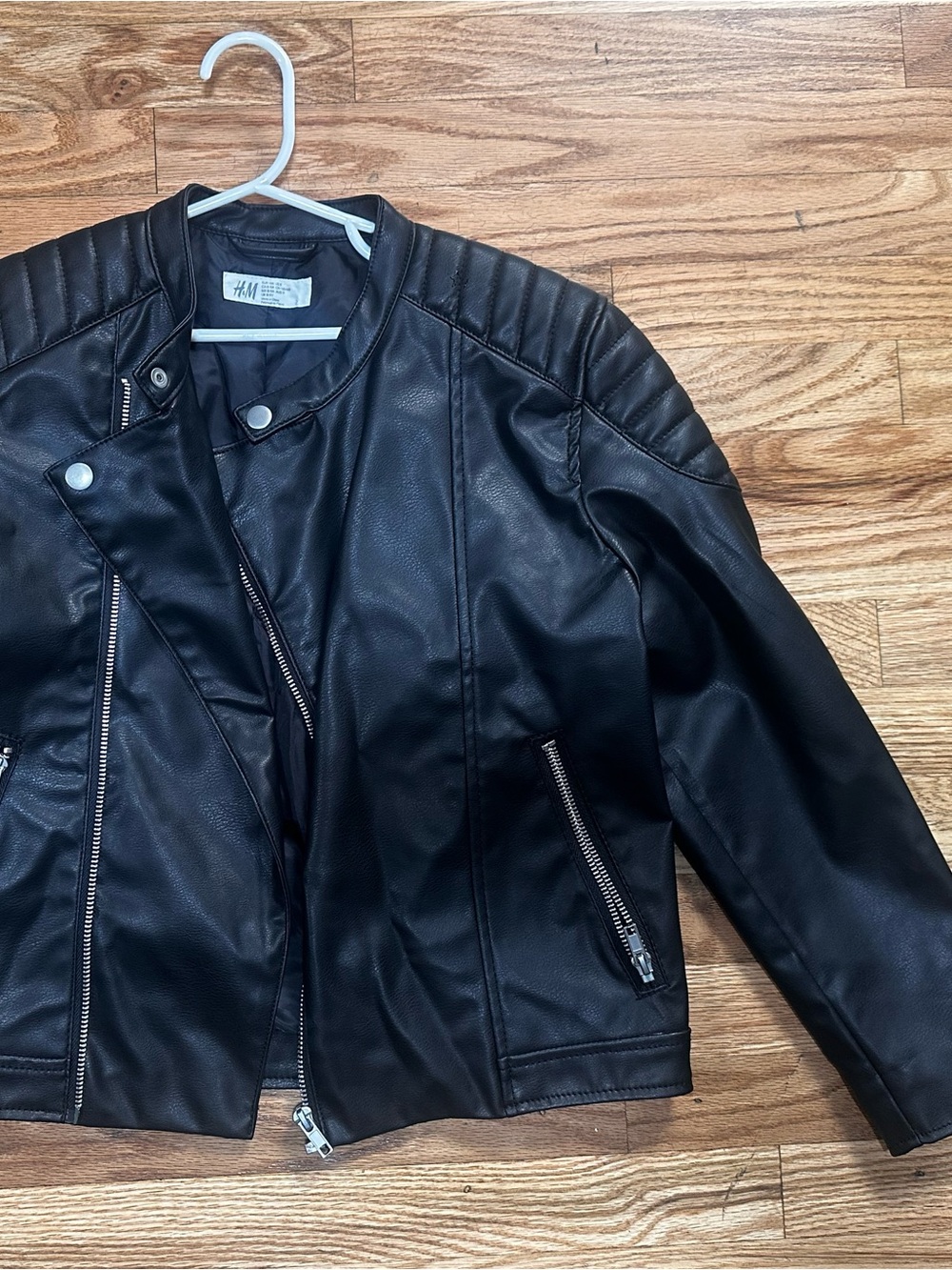 H&M Black Faux Leather Moto Jacket with Quilted Shoulders